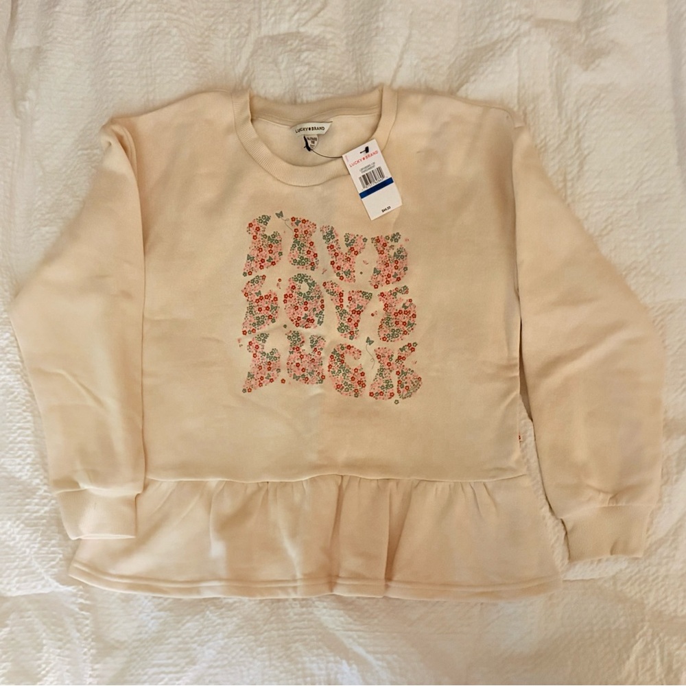Lucky Brand Kids Girl's XL 'Live Love Luck' Long Sleeve Ruffle Floral Cream Top
